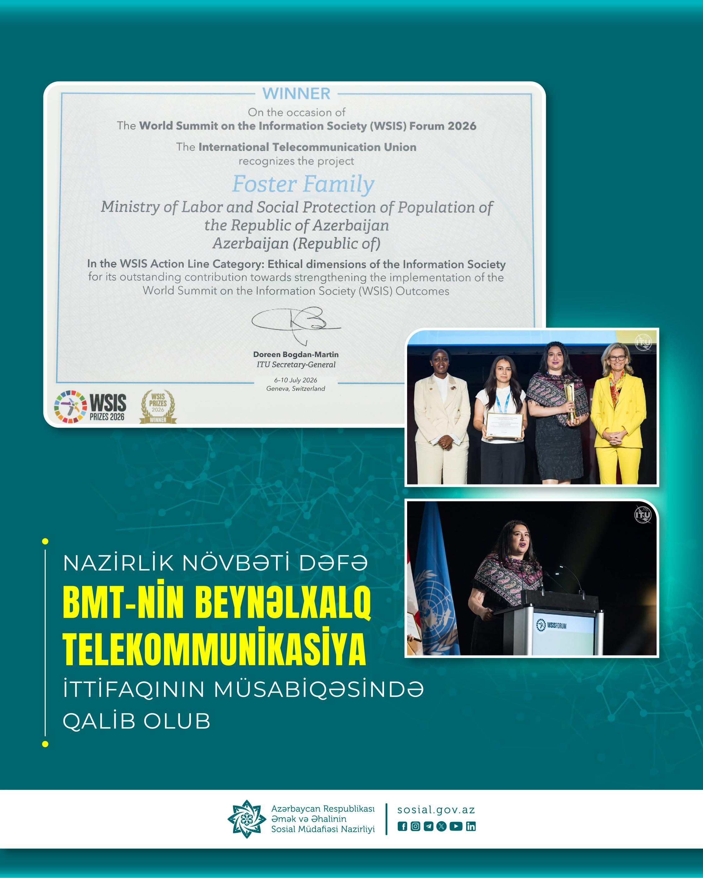 Nazirlik növbəti dəfə BMT-nin Beynəlxalq Telekommunikasiya İttifaqının müsabiqəsində qalib olub